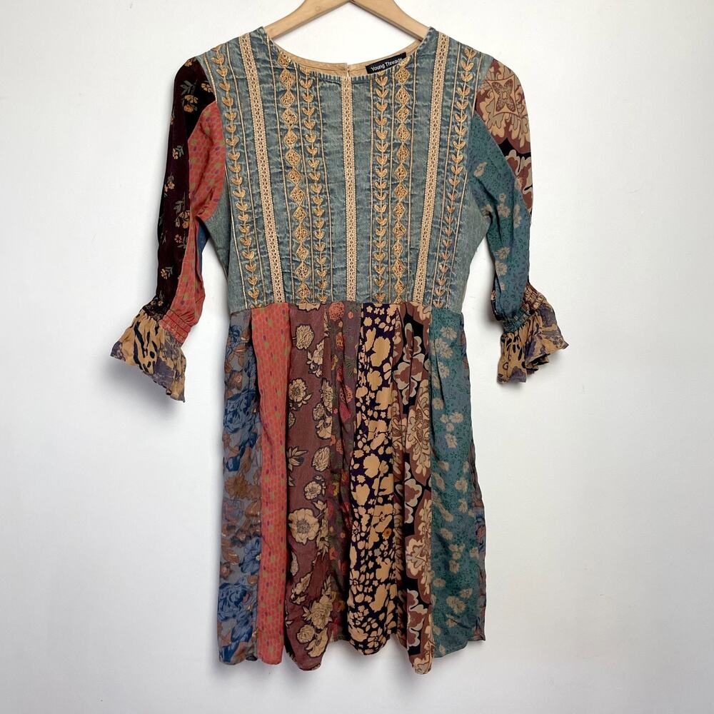 Young Threads Patchwork Embroidered Dress Small Denim Boho Fairy Grunge Festival